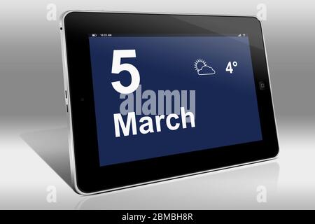 Ein Tablet-Computer zeigt einen Kalender in englischer Sprache mit dem Datum 5. März an. Ein Tablet-Computer zeigt in englischer Sprache den 5. März Stockfoto