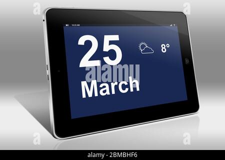 Ein Tablet-Computer zeigt einen Kalender in englischer Sprache mit dem Datum 25. März an. Ein Tablet-Computer zeigt in englischer Sprache den 25. März Stockfoto