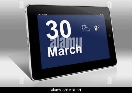 Ein Tablet-Computer zeigt einen Kalender in englischer Sprache mit dem Datum 30. März an. Ein Tablet-Computer zeigt in englischer Sprache den 30. März Stockfoto
