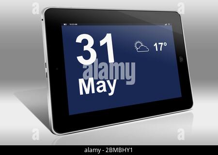 Ein Tablet-Computer zeigt einen Kalender in englischer Sprache mit dem Datum 31. Mai an.ein Tablet-Computer zeigt in englischer Sprache den 31. Mai Stockfoto