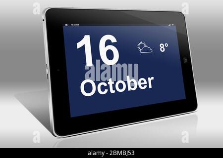 Ein Tablet-Computer zeigt einen Kalender in englischer Sprache mit dem Datum 16. Oktober an.ein Tablet-Computer zeigt in englischer Sprache den 16. Oktober Stockfoto