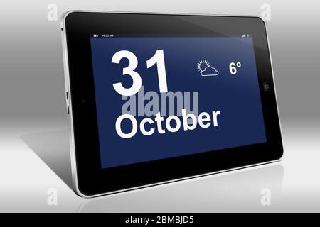 Ein Tablet-Computer zeigt einen Kalender in englischer Sprache mit dem Datum 31. Oktober an.ein Tablet-Computer zeigt in englischer Sprache den 31. Oktober Stockfoto