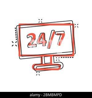 24/7 Computer-Ikone im Comic-Stil. Ganztägig Service Cartoon Vektor-Illustration auf weißem isolierten Hintergrund. Unterstützung des Geschäftskonzepts Splash Effect. Stock Vektor