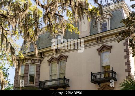 Spanish Moss und ein stattliches Vorkriegsgebäude in Savannah, Georgia. Stockfoto