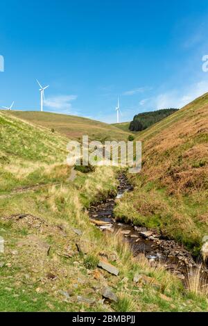 Talbach mit Windturbinen und Wald auf entfernten Hügel Stockfoto