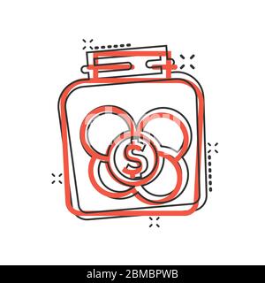 Money Box-Symbol im Comic-Stil. Münze Glas Container Cartoon Vektor-Illustration auf weißem isolierten Hintergrund. Spende Geldbox Splash Effekt Geschäft c Stock Vektor