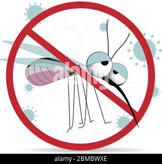 Mücke Warnung verboten Zeichen. Insektenschutz Vektor-Symbol. Niedliche Mücke Charakter Stop und Kontrolle Mücken, Anti-Insekten-Illustration. .. Stock Vektor