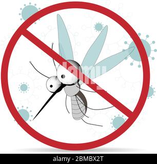 Moskito Warnung verboten Schild. Anti-Mücken, Vektor Insektenkontrolle Symbol. Stoppen und Kontrolle Mücken, Anti-Insekt-Illustration. NIEDLICHER CHARAKTER Stock Vektor