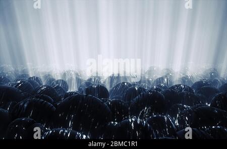 3d Render von Sci Fi Abstract Hintergrund mit Armee von futuristischen Sphären auf blauen außerirdischen Planeten mit Lichtstrahl Stockfoto