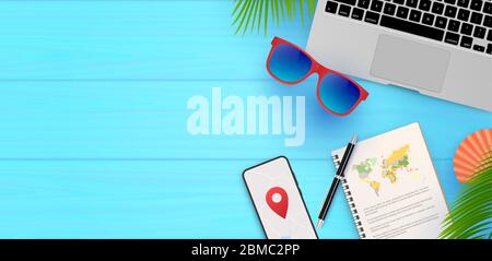 Reisehintergrund für Text Vektor Illustration Reisezeit. Sommerurlaub. Vektor-Konzept Banner in realistisch. Reisesymbole, Objekte und Stock Vektor