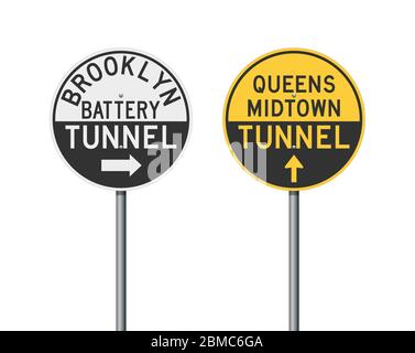 Vektorgrafik der Brooklyn und Queens Tunnel Straßenschilder auf Metallstangen Stock Vektor