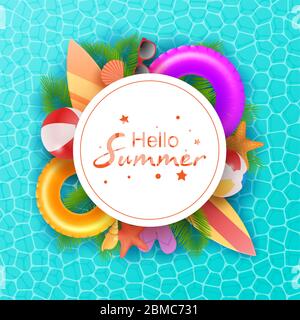 Hallo Sommer typografische auf withe Kreis Hintergrund. Tropische Pflanzen, Blumen, Strandball, Sonnenbrille, Cocktail, Eis, Wassermelone, Orange und Meer Stock Vektor