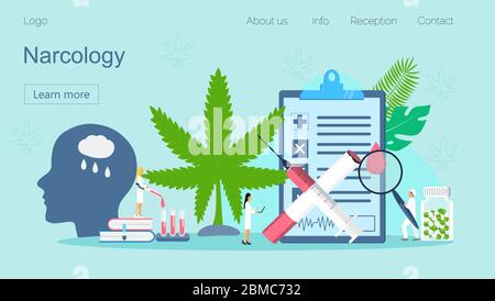 Vektor des Narzologiekonzepts für die Landing Page. Winzige Narkologen Ärzte behandeln Menschen gegen Drogen, Tabaksucht. Psychiater hilft Patienten, mental Stock Vektor