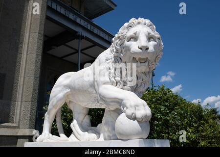 Alupka, Krim - Juli 10. 2019. Löwe auf der Veranda der Südfassade des Woronzow-Palastes Stockfoto