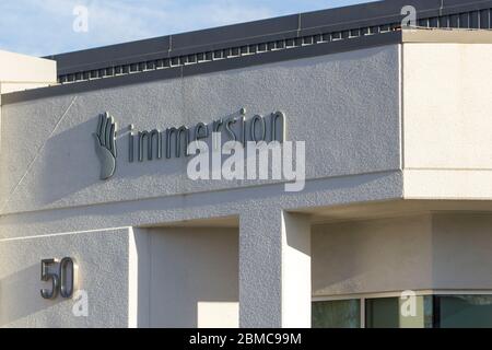 Das Eingangsschild ist am 12. Februar 2020 am Hauptsitz der amerikanischen haptischen Technologie-Entwickler Immersion Corporation in San Jose, Kalifornien, zu sehen. Stockfoto