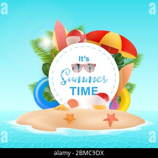 Hallo Sommer typografische auf withe Kreis Hintergrund. Tropische Pflanzen, Strandball, Sonnenbrillen und Muscheln. Vektorgrafik. Hallo Sommer Vektor Stock Vektor