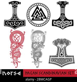 Skandinavisches Pagan Set - Thors Hammer - Mjollnir, Odin Zeichen - Valknut und Weltdrache Jormundgand. Illustration der nordischen Mythologie Stock Vektor