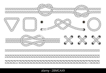Nautische Seil Rahmen und Grenzen. Meerseil, nautische Grenze, Schnur, Knoten verdreht. Segelsport Vektor Dekoration Elemente. Stock Vektor