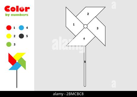 Pinwheel in Cartoon-Stil, Farbe nach Zahl, Bildung Papier Spiel für die Entwicklung von Kindern, Malvorlagen, Kinder Vorschule Aktivität, druckbare wo Stock Vektor