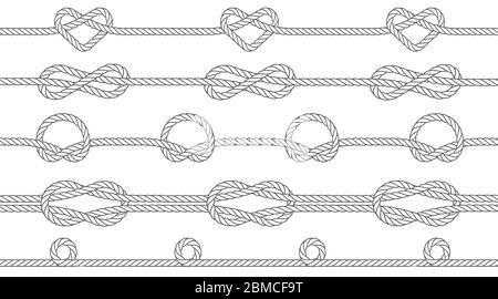 Nahtlose Textur von Seilen mit Knoten. Knoten eines Kreises, Unendlichkeit und Herzform. Wiederholbares Muster. Vektorgrafik. Stock Vektor