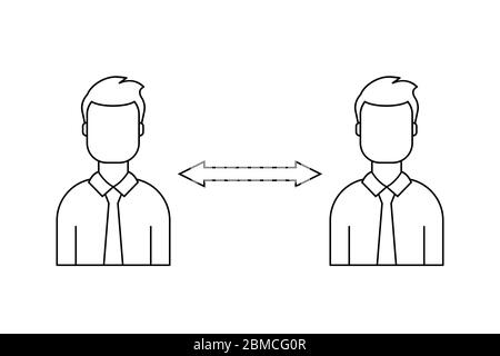 Soziale Distanzierung Zeichen, um Virus Ausbreitung zu verhindern. Zwei Geschäftsleute in Anzügen. Vermeiden Sie es, sich zu drängen. Symbol für soziale Distanz. Schwarze Umrandung auf weißem Hintergrund Stock Vektor