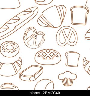 Nahtlose Muster Umriss Silhouette Bäckereiprodukte Set für Bäckerei Shop Cartoon Lebensmittel Brot Sammlung flache Vektor-Illustration auf weißem Hintergrund Stock Vektor