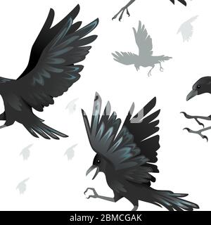 Nahtlose Muster der schwarzen Krähen Cartoon Tier Stil flache Vektor-Illustration auf weißem Hintergrund Stock Vektor