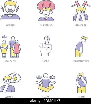 RGB-Farbsymbole werden eingestellt. Soziale und moralische Emotionen. Behandlung psychologischer Störungen. Positive Einstellung. Negatives Verhalten. Frustration und Hoffnung. Stock Vektor