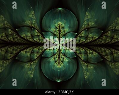 Schöne fraktale Form oder Schmetterling mit leuchtenden Elementen. Abstrakte fraktale symmetrische Formen, digitaler Logarithmus für kreative Grafik, Einladungen, Stockfoto