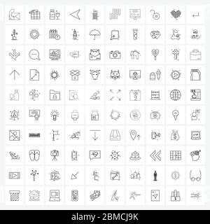 100 Universal Line Icon Pixel Perfect Symbole von Herz, Liebe, Aqua, rechts, Pfeil Vektor Illustration Stock Vektor