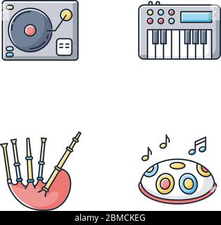 Musikinstrumente RGB-Farbe Symbole gesetzt. Turntablism für DJ Party Performance. Synthesizer-Tastatur. Schottischer Dudelsack. Handpan-Melodie. Traditionelle Indi Stock Vektor
