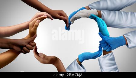 Die Mitarbeiter des Gesundheitswesens und die medizinische Gruppe und die Patienten arbeiten als eine Gruppe von Ärzten und Krankenschwestern zusammen, die sich als Ärzte zusammenschließen. Stockfoto