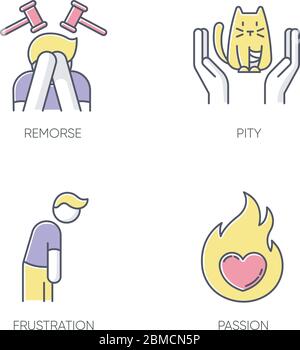 Menschliche Emotion RGB-Farbsymbole gesetzt. Reue für psychologische Heilung. Geisteszustand. Gefühl von Mitleid und Empathie. Frustration durch Depression. Emotion Stock Vektor