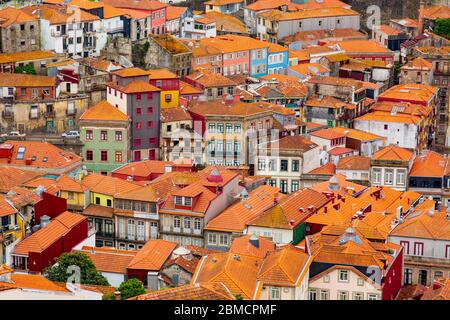 Alte historische Gebäude mit orangefarbenen Dächern in Porto Stadt, vom Clerigos Turm, Teil der Kirche der Geistlichen, Portugal gesehen Stockfoto