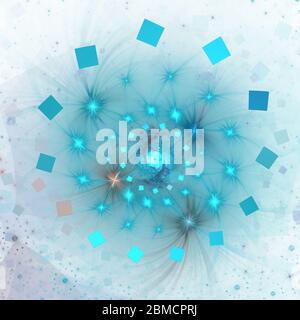 Glitzernder Wirbel. Abstrakte blaugrün Funken auf weißem Hintergrund. Fantasy fraktale Textur. Digitale Kunst 3D-Rendering. Cyan Spiral Hintergrundbild, Illustra Stockfoto