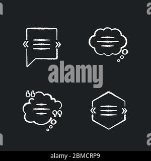 Chat-Blase mit Anführungszeichen Kreide weißen Symbolen auf schwarzem Hintergrund gesetzt. Textfeld mit Copyspace. Leere Traumwolken. Leeres Kommentarfeld. Isolierte ve Stock Vektor