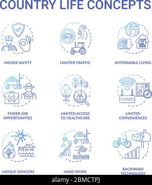 Land Leben blau Konzept Symbole gesetzt. Vor- und Nachteile der Landwirtschaft. Arbeiten außerhalb der Stadt. Dorf leben Idee dünne Linie RGB-Farben Illustrationen. Stock Vektor
