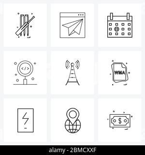 Set von 9 einfachen Linien-Symbole für Web und Print wie Frau, Programmierung, Ebene, Lupe, Codierung Vektor-Illustration Stock Vektor