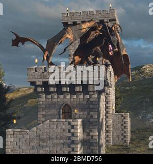 3d Illustration Fantasy Drachen und mittelalterlichen Turm Stockfoto