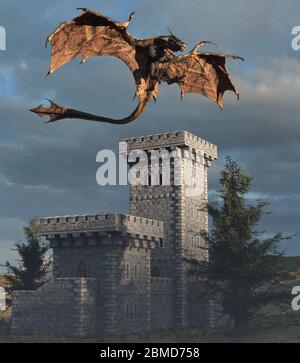 3d Illustration Fantasy Drachen und mittelalterlichen Turm Stockfoto