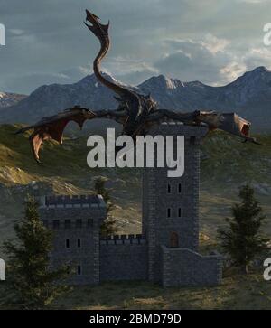 3d Illustration Fantasy Drachen und mittelalterlichen Turm Stockfoto