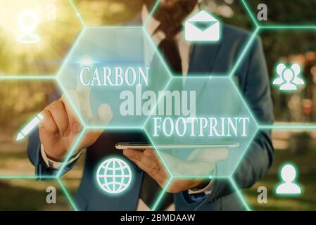 Schreiben Sie einen Hinweis mit dem CO2-Fußabdruck. Geschäftskonzept für die Menge des Kohlendioxid freigesetzten Atmosphäre Ergebnis der Aktivitäten Stockfoto