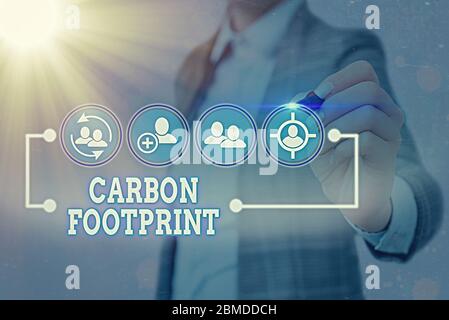 Schreiben Sie einen Hinweis mit dem CO2-Fußabdruck. Geschäftskonzept für die Menge des Kohlendioxid freigesetzten Atmosphäre Ergebnis der Aktivitäten Stockfoto