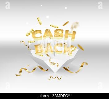 Cashback. Das weiße Feld, Text und Münzen knallen aus dem Feld. Geld-zurück-Garantie. Stock Vektor