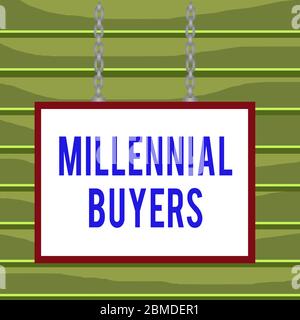 Konzeptionelle Handschrift zeigt Millennial Käufer. Konzept Bedeutung Art der Verbraucher, die sich für Trending-Produkte Whiteboard Rechteck Fra interessieren Stockfoto