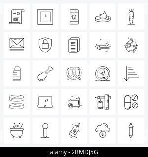 UI Set von 25 Basic Line Icons von Gemüse, Karotten, Anwesen, Hautpflege, Kosmetik Vektor Illustration Stock Vektor