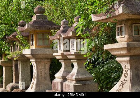 Der Blick auf die traditionellen kaku-doro (quadratische) Steinlaternen stangten entlang des Passes am Kitano Tenmangu Schrein. Kyoto. Japan Stockfoto