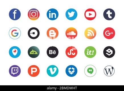 Flacher Stil Icon Set Design, Social Media Apps Multimedia Kommunikation und digitales Marketing Thema Vektor-Illustration Stock Vektor