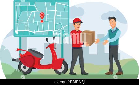 Glücklicher Mann, der zuhause eine Versandkiste erhält mit einer Smartphone-App trägt der Liefermann eine Tasche. Stock Vektor