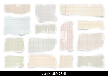 Gerissene farbige Papierstreifen. Realistische zerknitterte Papierfetzen mit abgerissenen Kanten. Linierte Fetzen von Notizbuchseiten. Vektorgrafik. Stock Vektor
